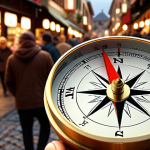 **A compass pointing towards the word "Integrity" amidst a bustling, confusing marketplace scene. Soft, warm lighting.**