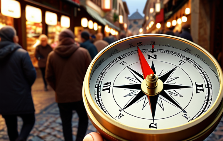 **A compass pointing towards the word "Integrity" amidst a bustling, confusing marketplace scene. Soft, warm lighting.**