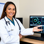 **

A fully clothed professional female doctor in a clean, bright hospital office, wearing a modest white coat and stethoscope. She is smiling warmly at the viewer. Background includes medical charts and a computer screen displaying patient information. Perfect anatomy, correct proportions, natural pose, well-formed hands, proper finger count, natural body proportions, safe for work, appropriate content, professional, modest, family-friendly.

**