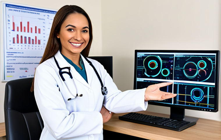**
A fully clothed professional female doctor in a clean, bright hospital office, wearing a modest white coat and stethoscope. She is smiling warmly at the viewer. Background includes medical charts and a computer screen displaying patient information. Perfect anatomy, correct proportions, natural pose, well-formed hands, proper finger count, natural body proportions, safe for work, appropriate content, professional, modest, family-friendly.
**